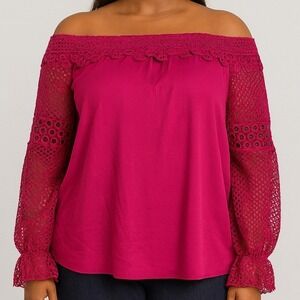 Roaman's Women's 14W Magenta Off Shoulder Lace Sleeve Top Plus Size Boho Chic